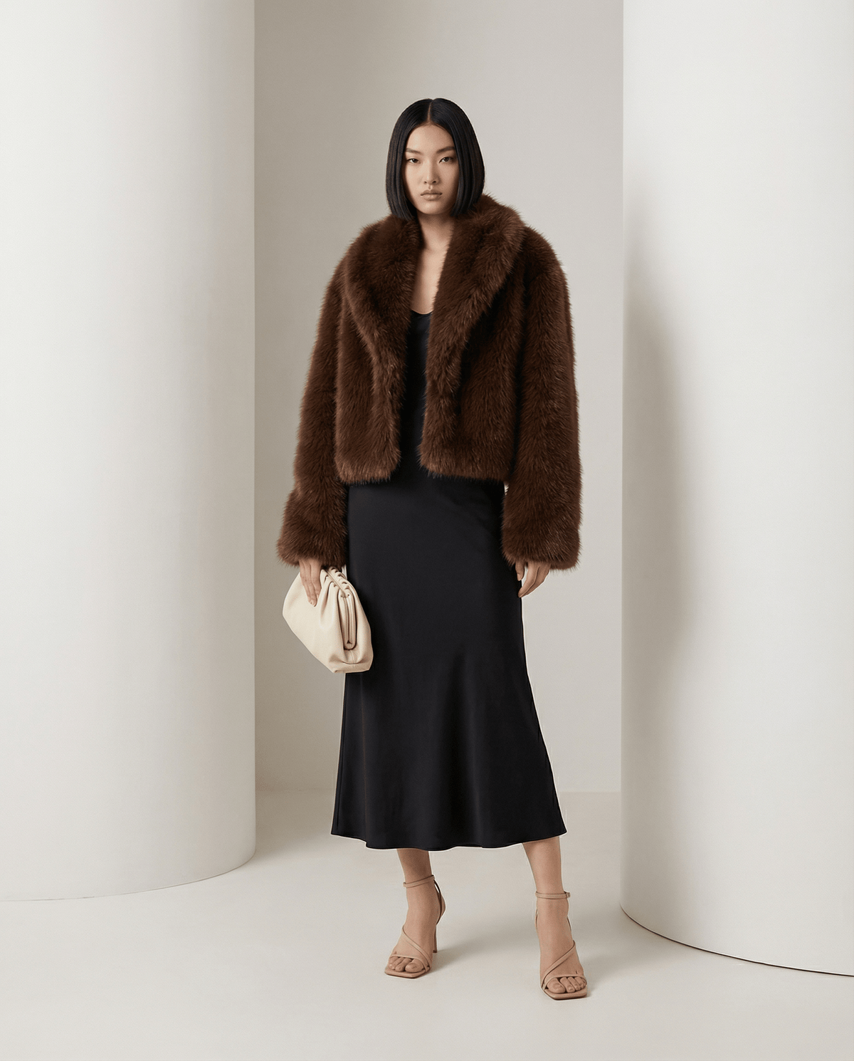 Vera faux-fur jacket in cocoa brown with a wide shawl collar, styled with a black bias midi skirt