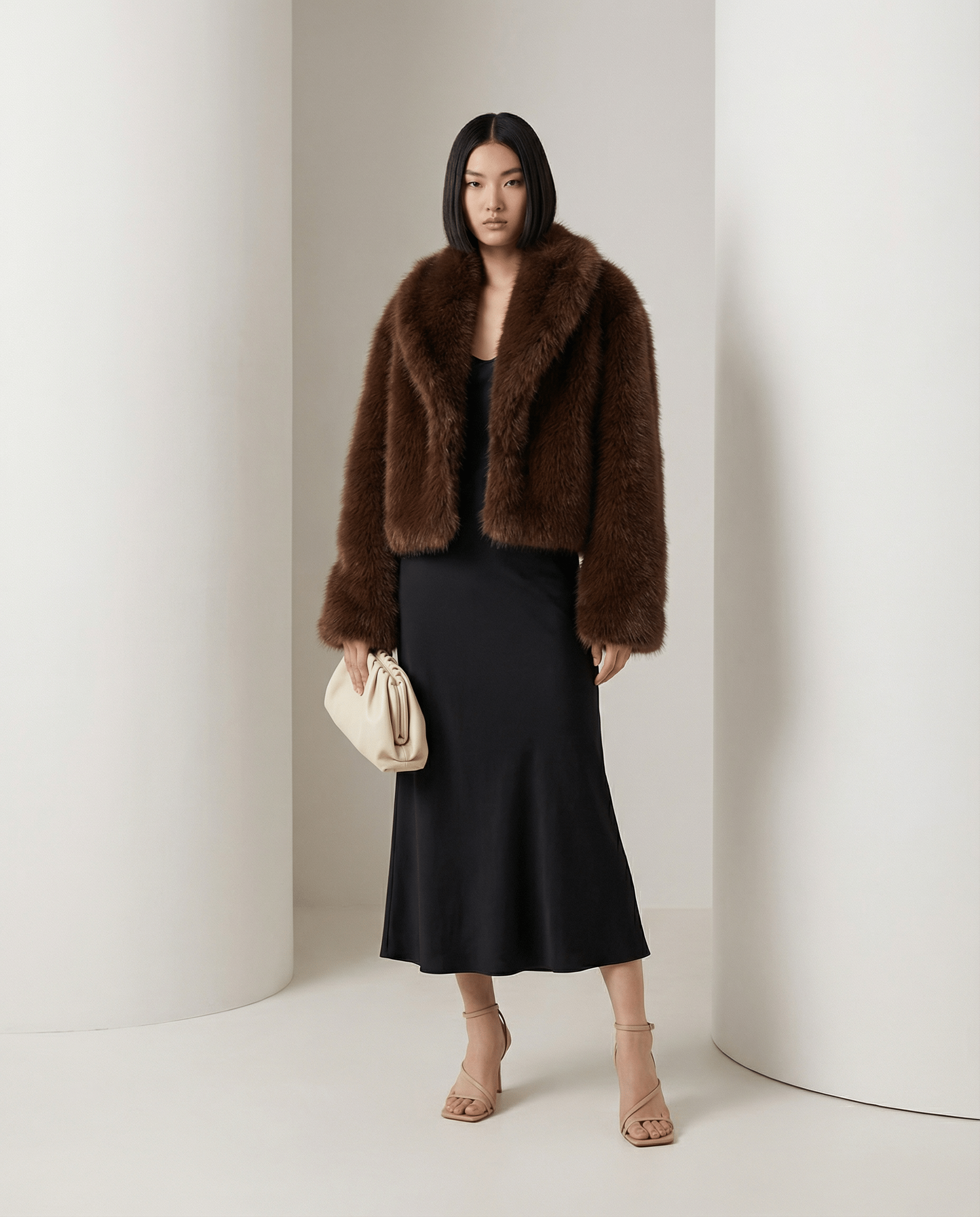 Vera faux-fur jacket in cocoa brown with a wide shawl collar, styled with a black bias midi skirt