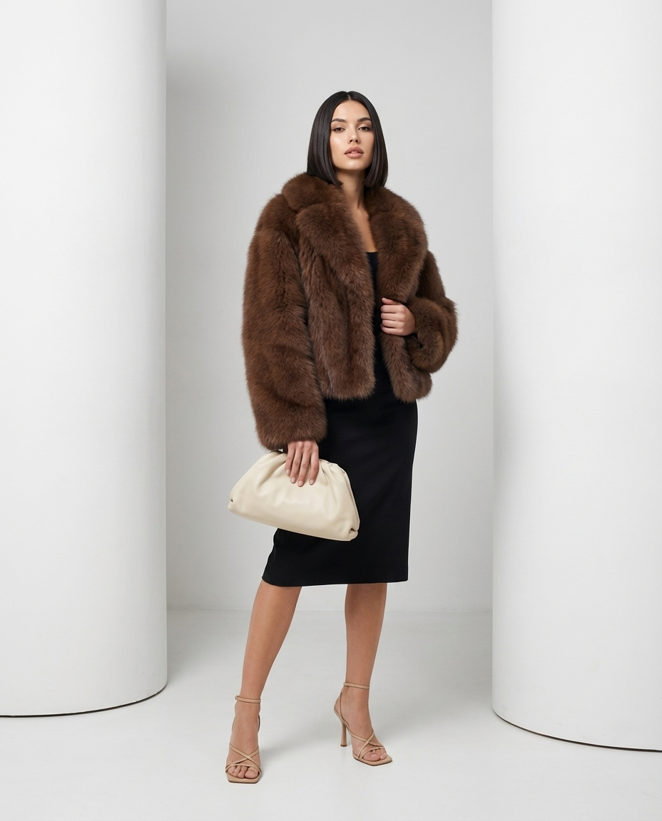 Cropped cocoa brown faux-fur jacket worn open, three-quarter stance with a cream leather pouch clutch