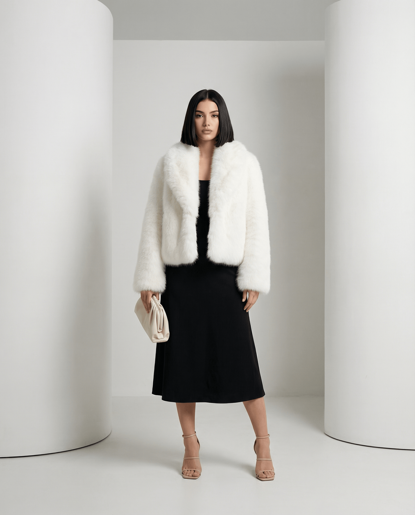 Ivory Vera faux-fur jacket worn open over a black midi dress, full length front view