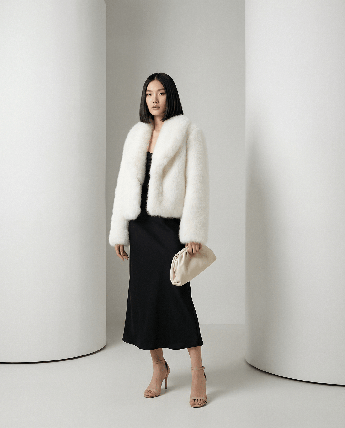 Cropped ivory faux-fur jacket with long full sleeves, three-quarter view with a cream pouch bag