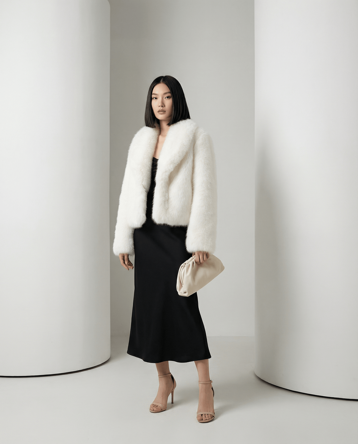 Cropped ivory faux-fur jacket with long full sleeves, three-quarter view with a cream pouch bag