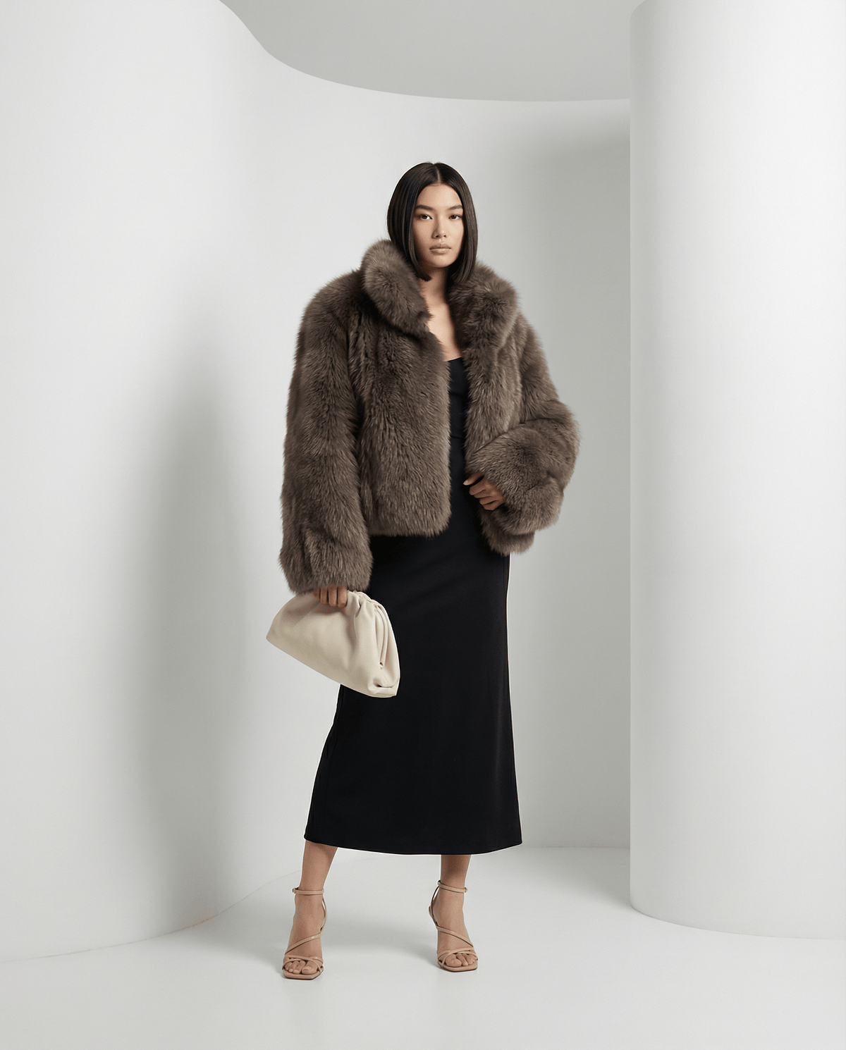 Taupe Vesper faux-fur jacket, cropped with a shawl collar, worn over a black midi skirt