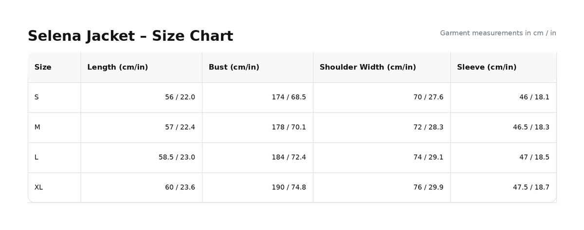 Cm size chart with bust, waist and length measurements in centimetres and inches