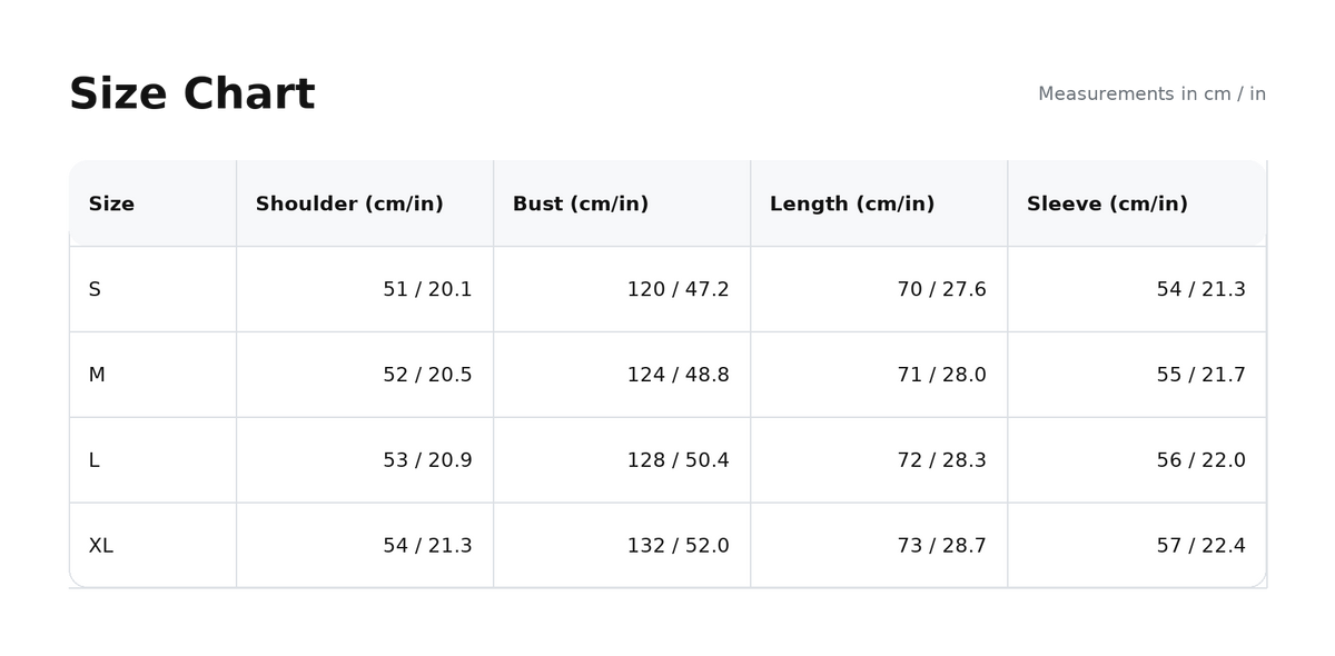 Marbella size chart with bust, waist and length measurements in centimetres and inches